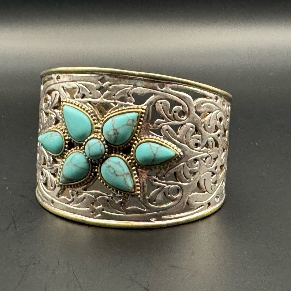 Lucky Brand two-tone turquoise blossom filigree cutout statement cuff bracelet.